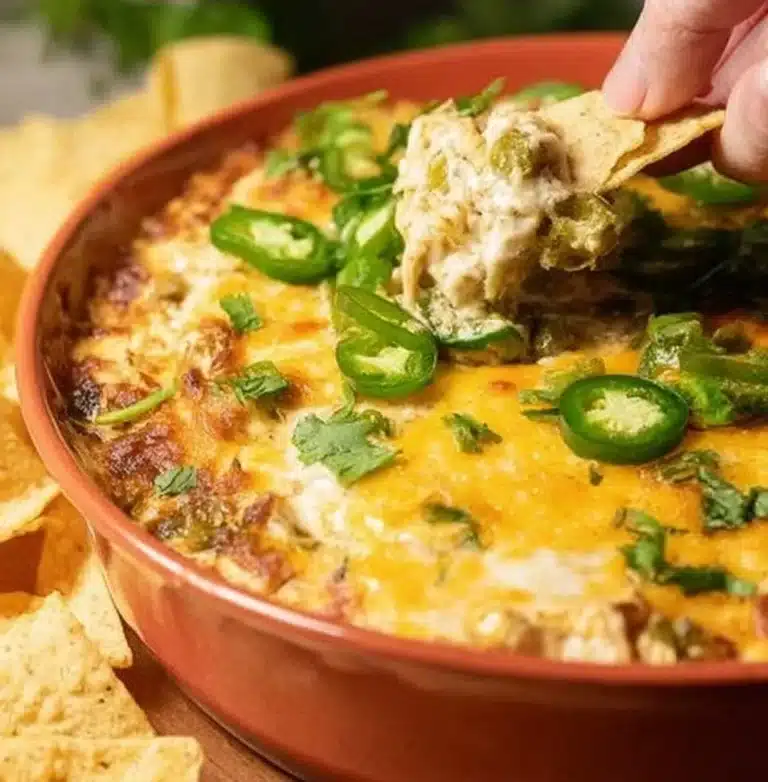 Delicious green chile chicken enchilada dip served in a bowl.