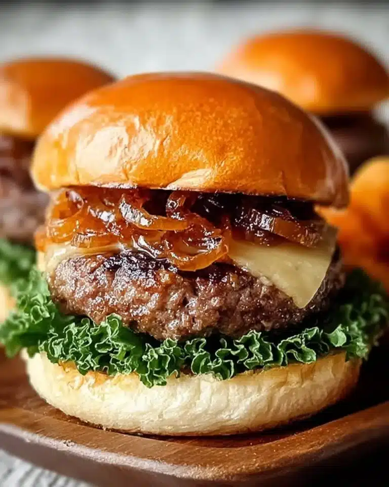 Grilled burgers with caramelized onions on a rustic wooden table