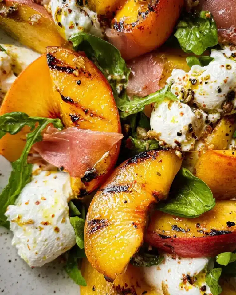 Grilled Peach and Burrata Salad with fresh greens and drizzled balsamic