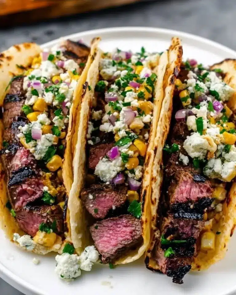 Delicious grilled steak elote tacos topped with fresh ingredients