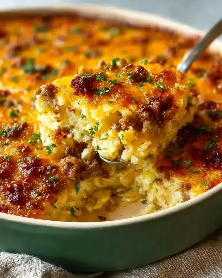 Delicious Hashbrown Casserole with Sausage served in a baking dish