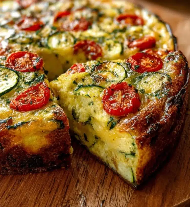 Sliced herbed zucchini tomato quiche served on a plate with fresh herbs