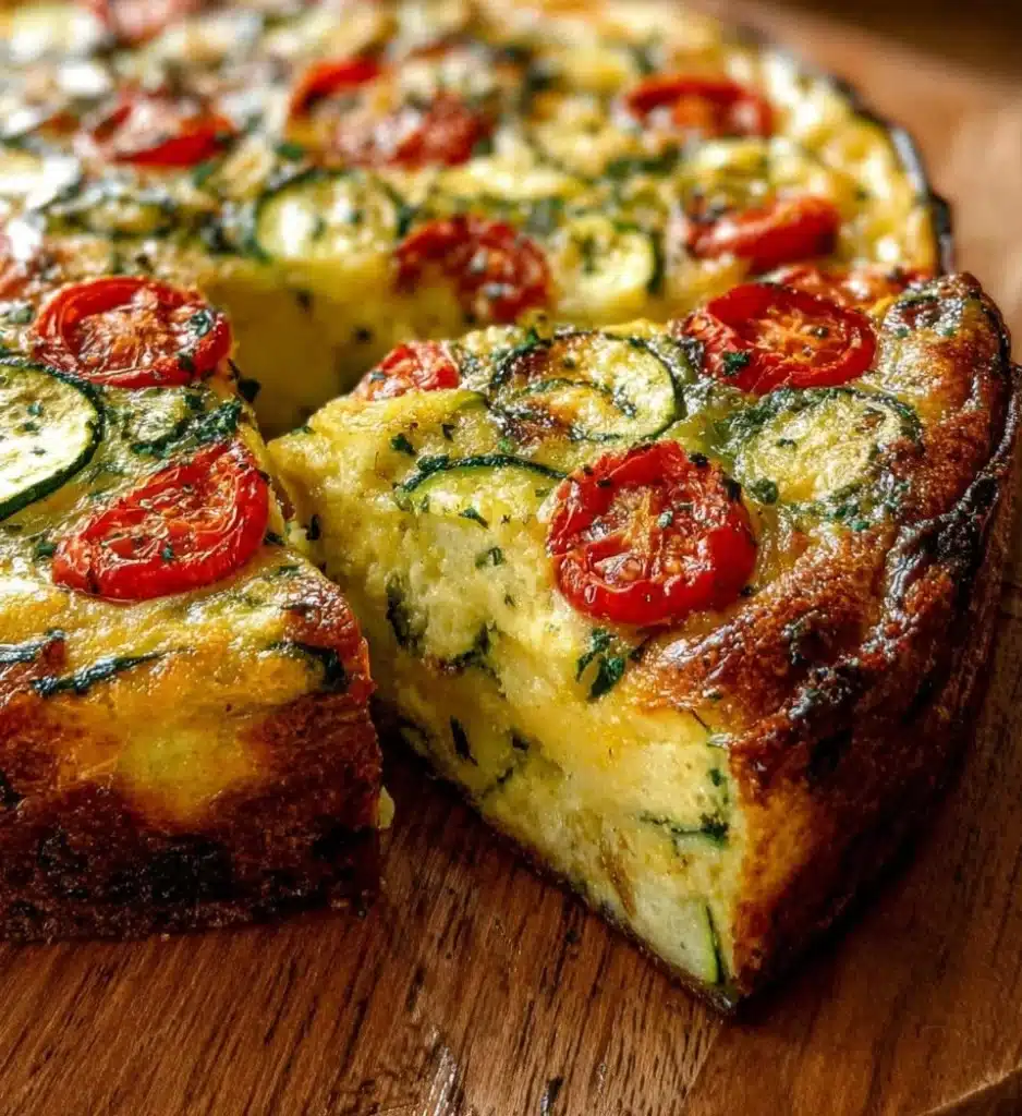 Sliced herbed zucchini tomato quiche served on a plate with fresh herbs