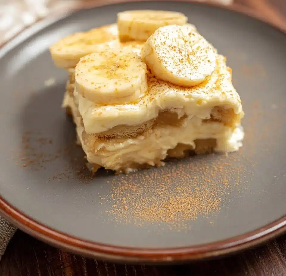 Delicious homemade banana pudding in a glass dish with fresh bananas