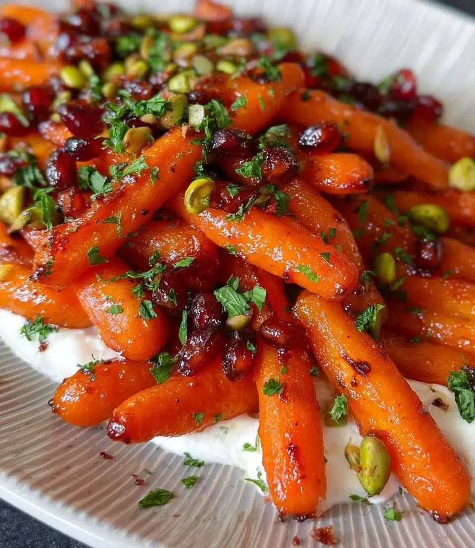 Bowl of Honey Harissa Roasted Carrots garnished with herbs