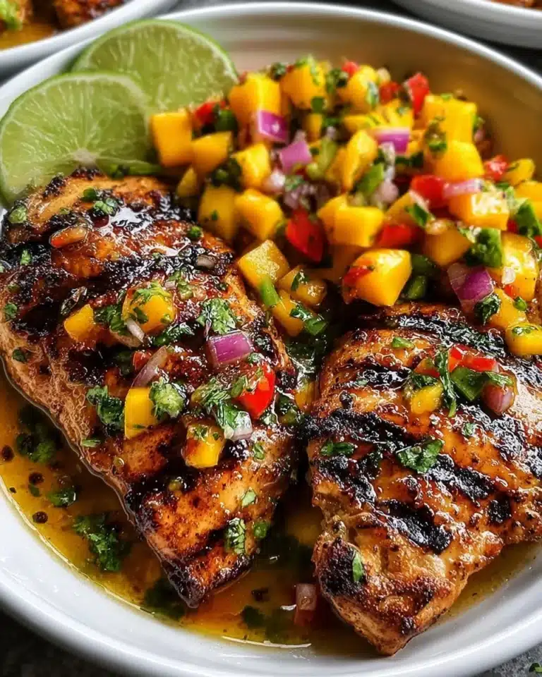 Grilled Honey Lime Chicken topped with fresh Mango Salsa on a plate.