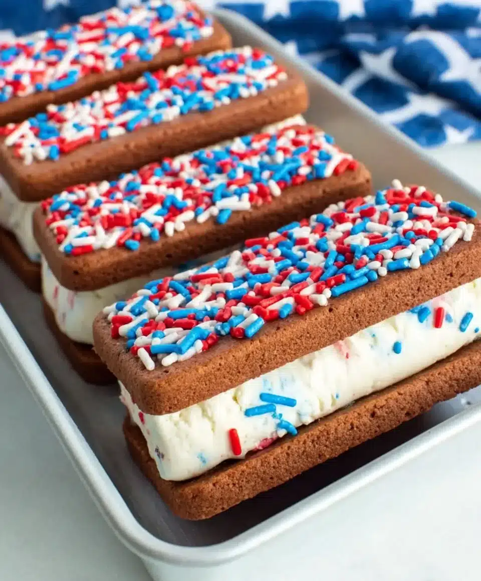 Delicious ice cream sandwiches with chocolate cookies and vanilla ice cream
