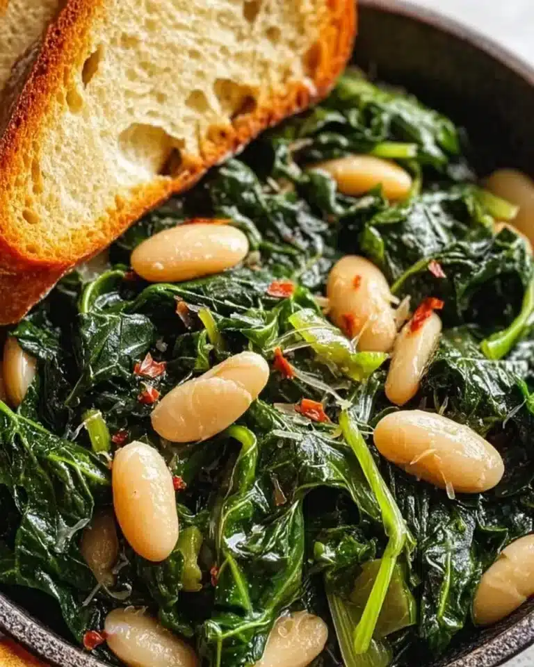 Plate of Italian beans and greens dish, showcasing vibrant colors and textures.