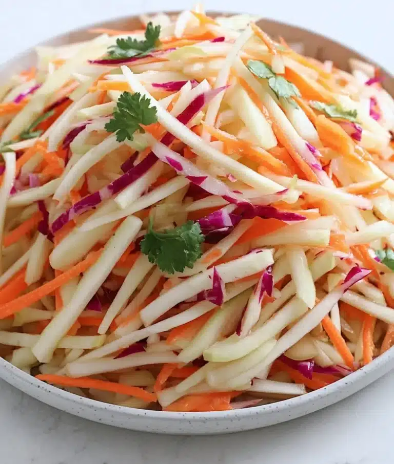 Colorful jicama slaw with carrots and vegetables in a serving bowl.