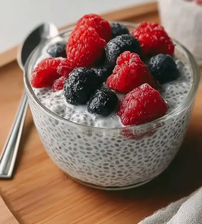 Delicious Keto Chia Seed Pudding topped with fresh berries and nuts
