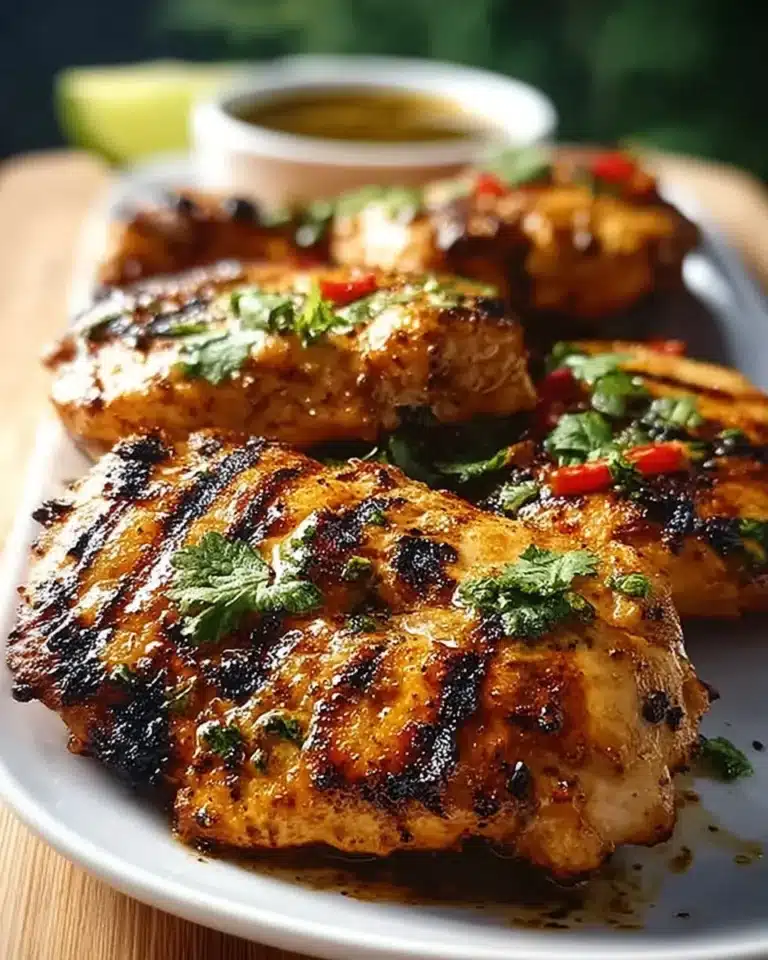 Delicious Key West grilled chicken served with fresh herbs and citrus slices