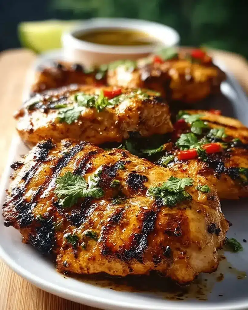 Delicious Key West grilled chicken served with fresh herbs and citrus slices
