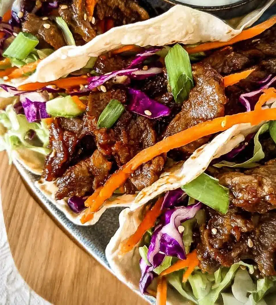 Korean BBQ Beef Tacos topped with fresh ingredients and served on a plate.