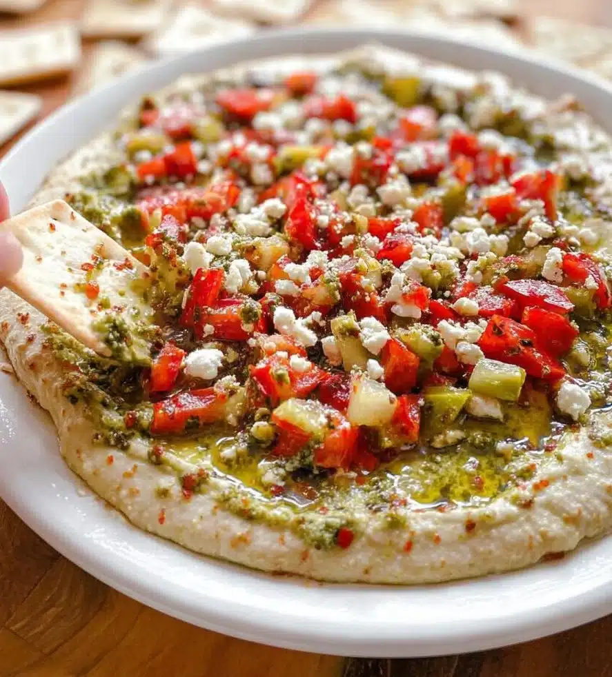Layered pesto appetizer dip served in a bowl with fresh veggies and crackers.