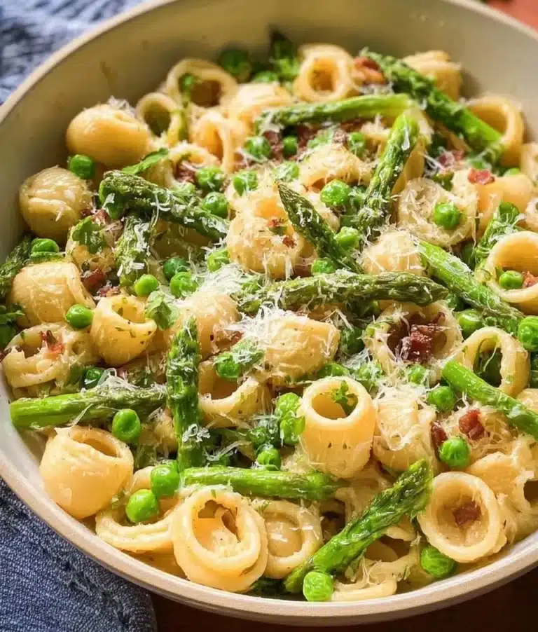 Plate of lemon asparagus pasta garnished with fresh herbs and lemon zest
