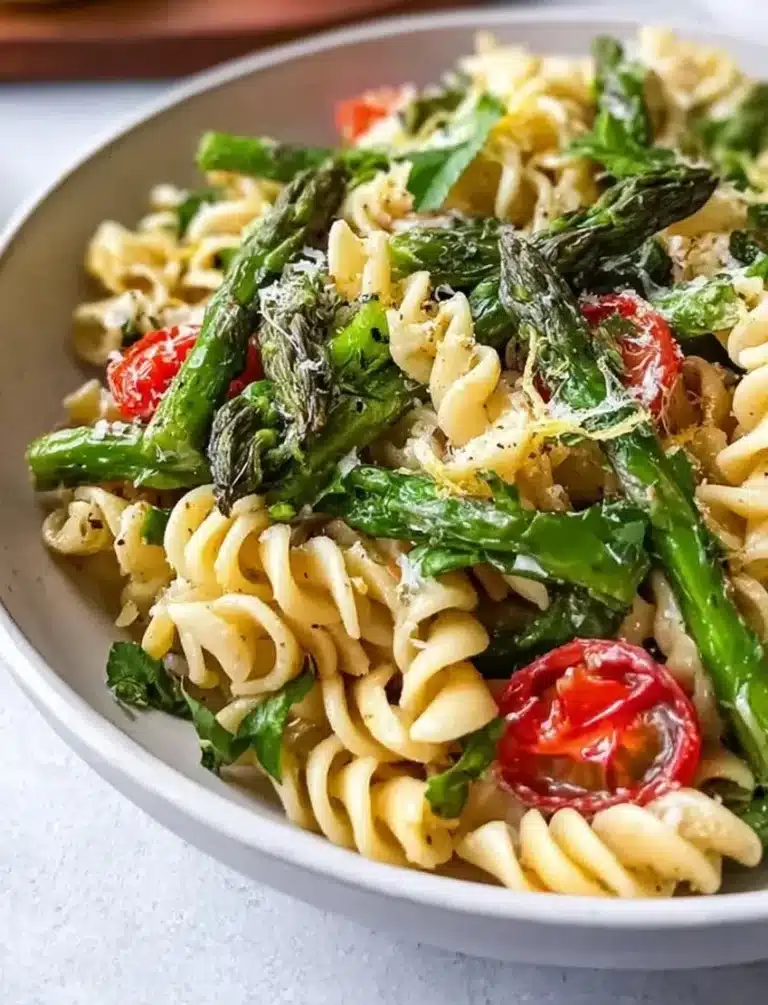 Fresh lemon asparagus pasta salad served in a bowl with vibrant colors and textures.