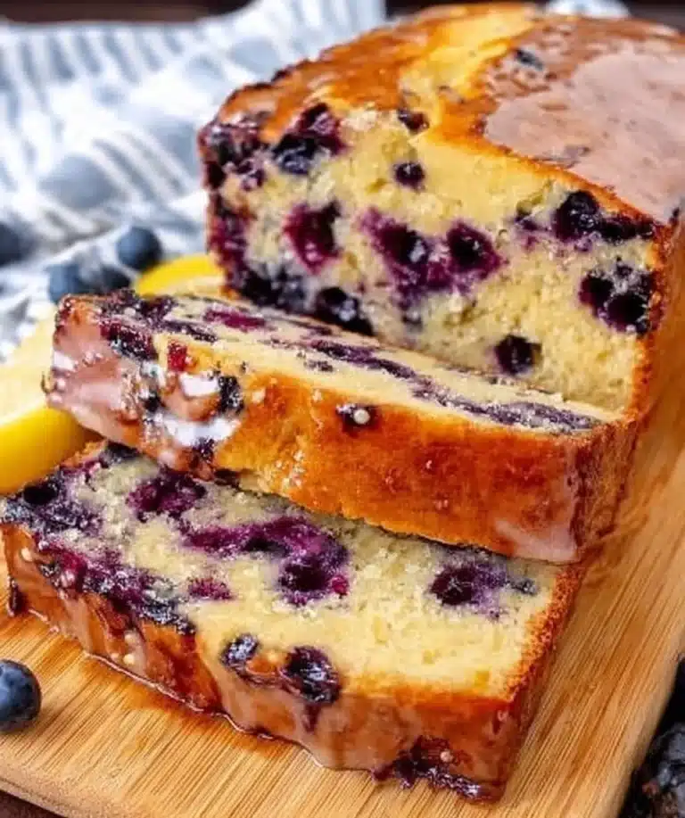 Lemon blueberry ricotta pound cake topped with fresh blueberries and lemon zest
