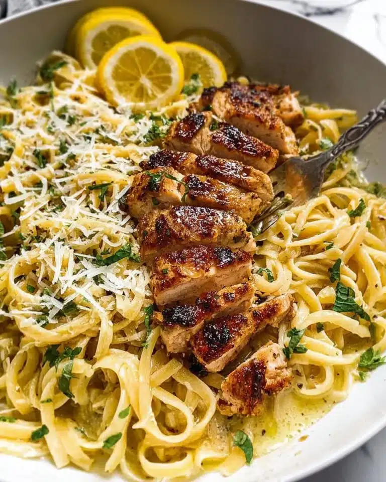 Delicious lemon chicken pasta garnished with fresh herbs and lemon slices.