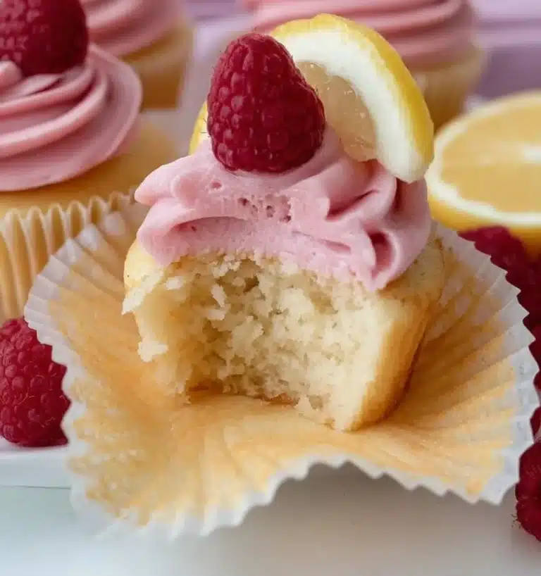 Lemon cupcakes with raspberry buttercream frosting on a white plate