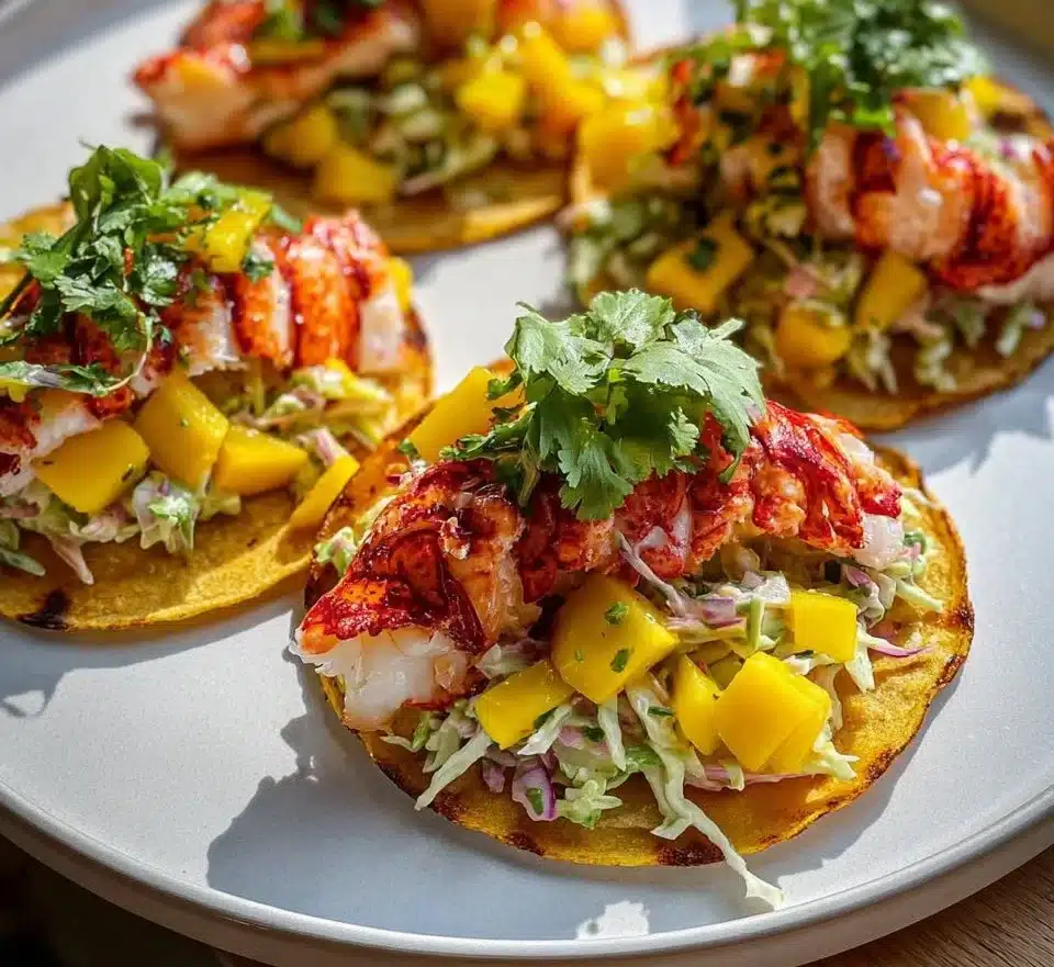 Delicious lobster tail tacos with vibrant mango slaw served on a plate