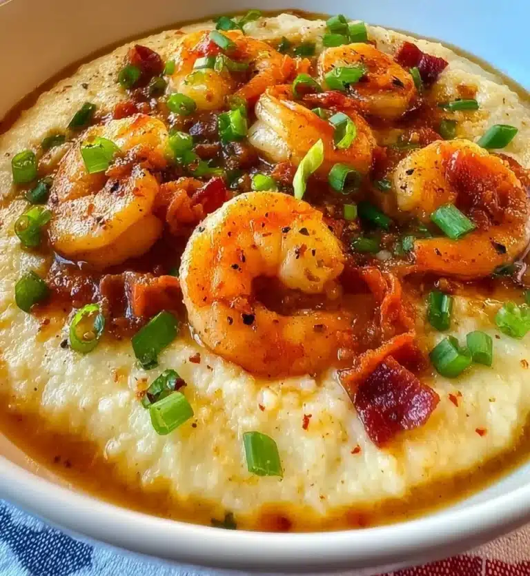Delicious Louisiana shrimp and grits served in a bowl with spices and herbs.
