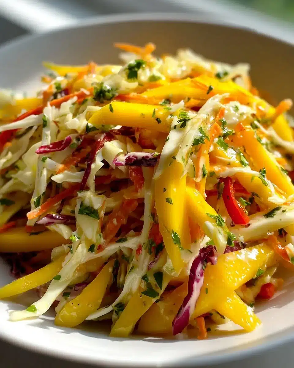 Colorful bowl of mango slaw with vegetables, perfect for a fresh side dish.