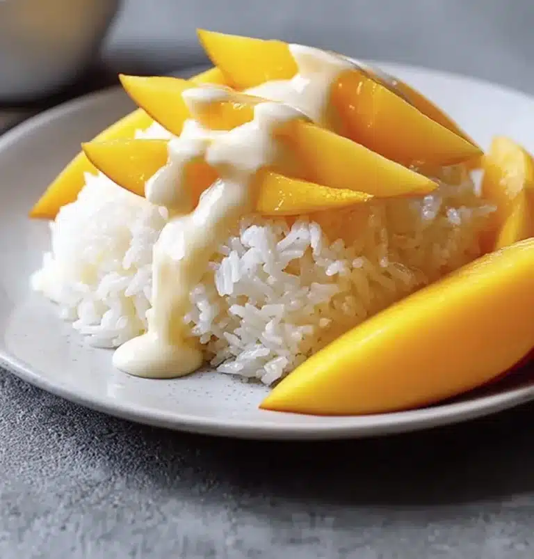 Delicious Mango Sticky Rice dessert with fresh mango slices and coconut milk