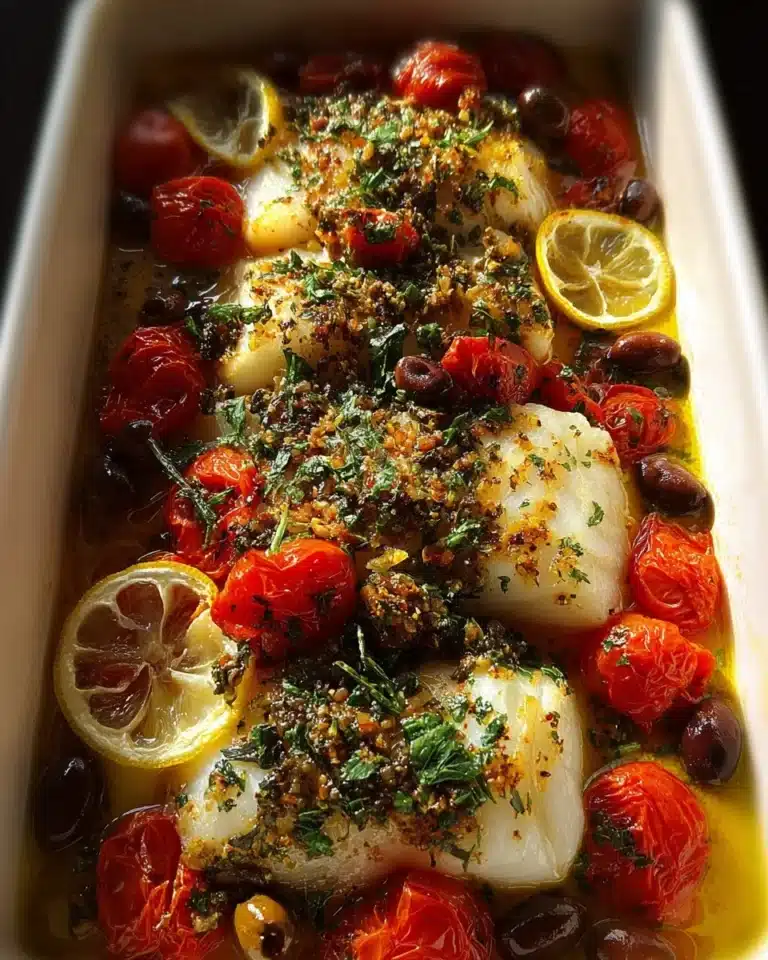 Mediterranean Baked Cod served with herbs and vegetables