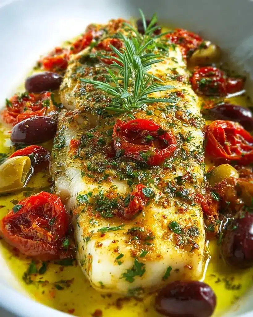 A plated Mediterranean baked fish garnished with herbs and lemon slices