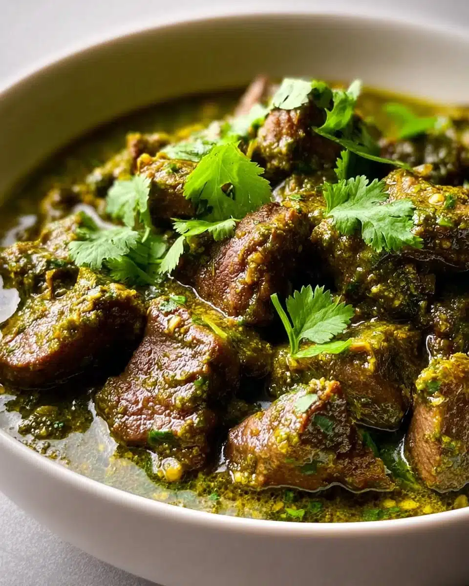 A delicious bowl of Mexican beef green chile with green chilies and spices