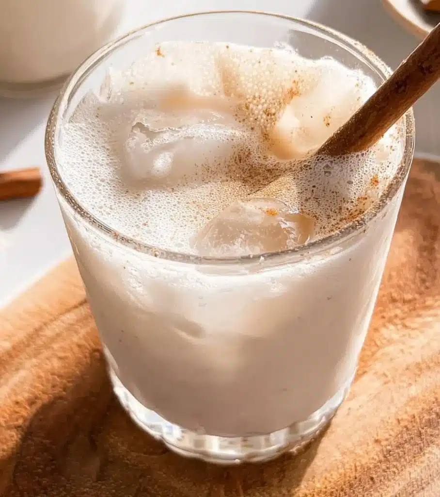 A refreshing glass of Mexican Horchata served with cinnamon stick and rice grains.
