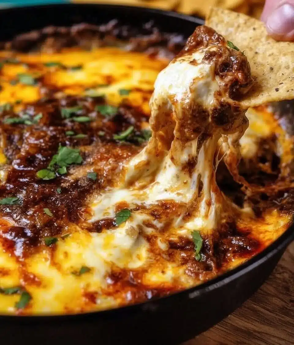 Delicious bowl of Mexican melted cheese served with tacos and chips