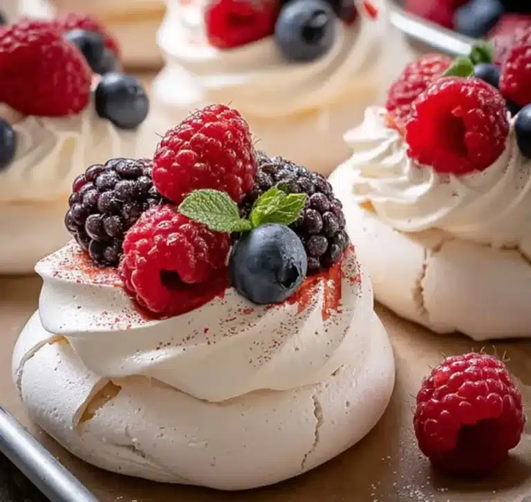 Mini Pavlovas topped with fresh berries on a white plate