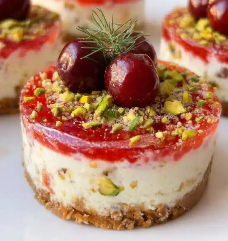 Mini pistachio cranberry cheesecakes topped with cranberries and pistachios