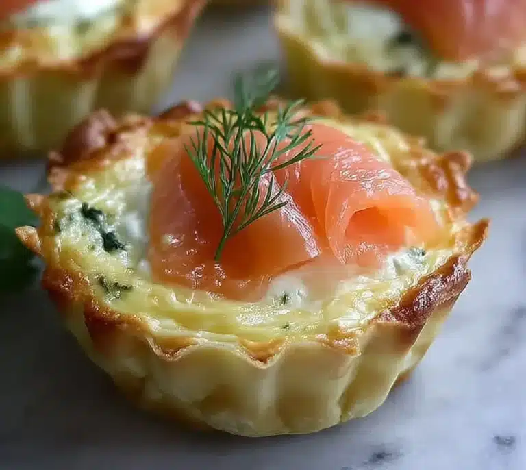 Mini smoked salmon quiches served on a platter with fresh herbs.