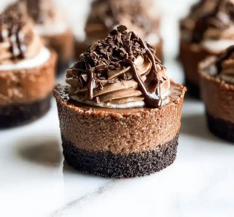 Mini Triple Chocolate Cheesecakes topped with chocolate drizzle and chocolate shavings