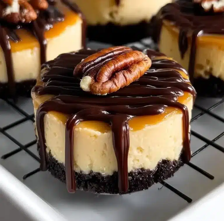 Delicious mini turtle cheesecakes topped with caramel and pecans