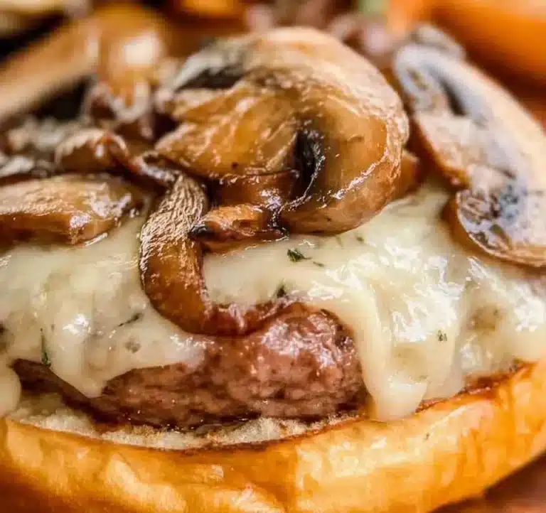 Mouthwatering Mushroom Swiss Burger with sautéed mushrooms and Swiss cheese