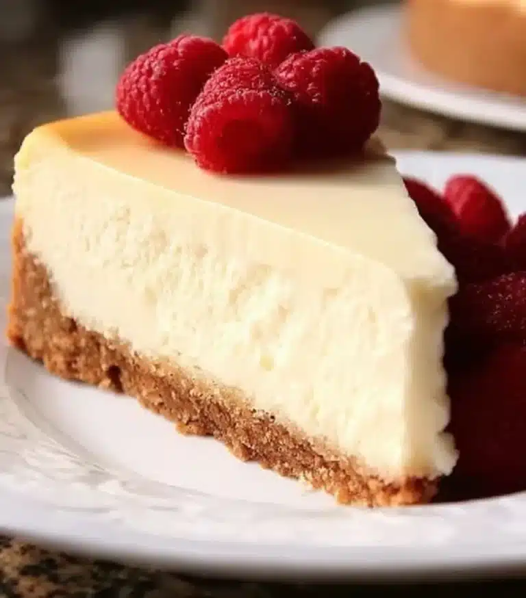 Slice of New York cheesecake with a graham cracker crust on a plate
