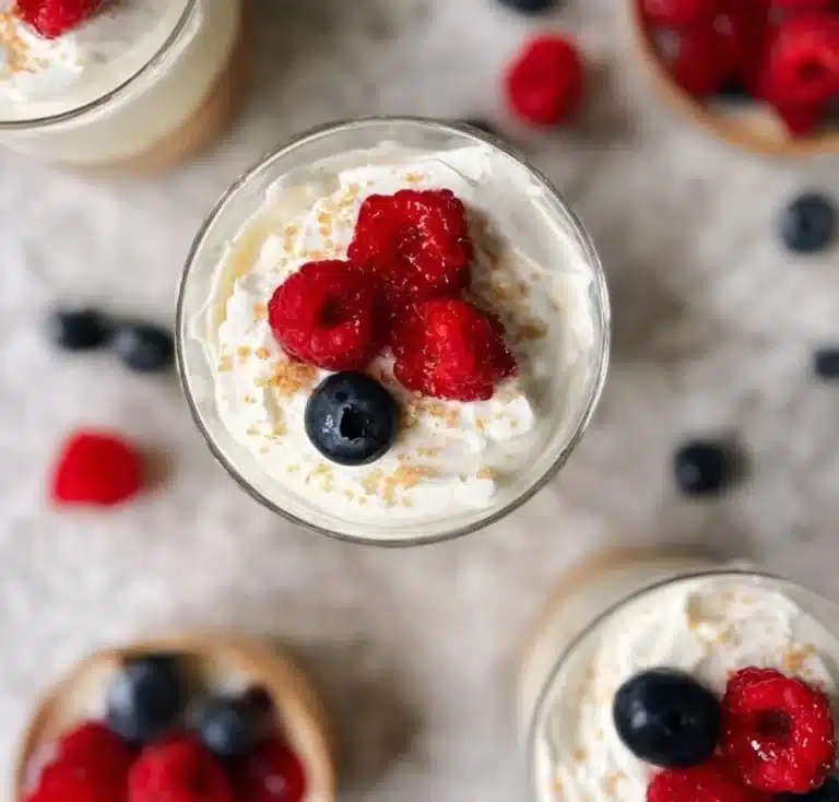 Delicious no-bake cheesecake cups topped with fresh berries and whipped cream.