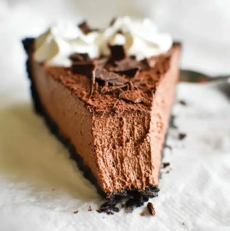 Delicious no-bake chocolate mousse pie topped with chocolate shavings