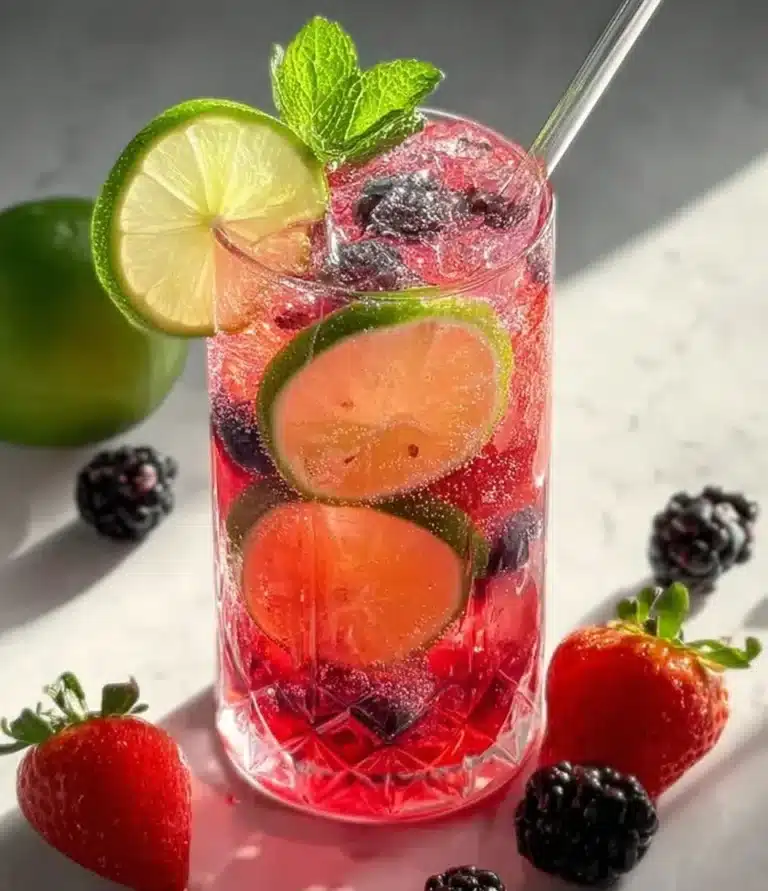 Refreshing non-alcoholic sangria sipper with fresh fruits and herbs.