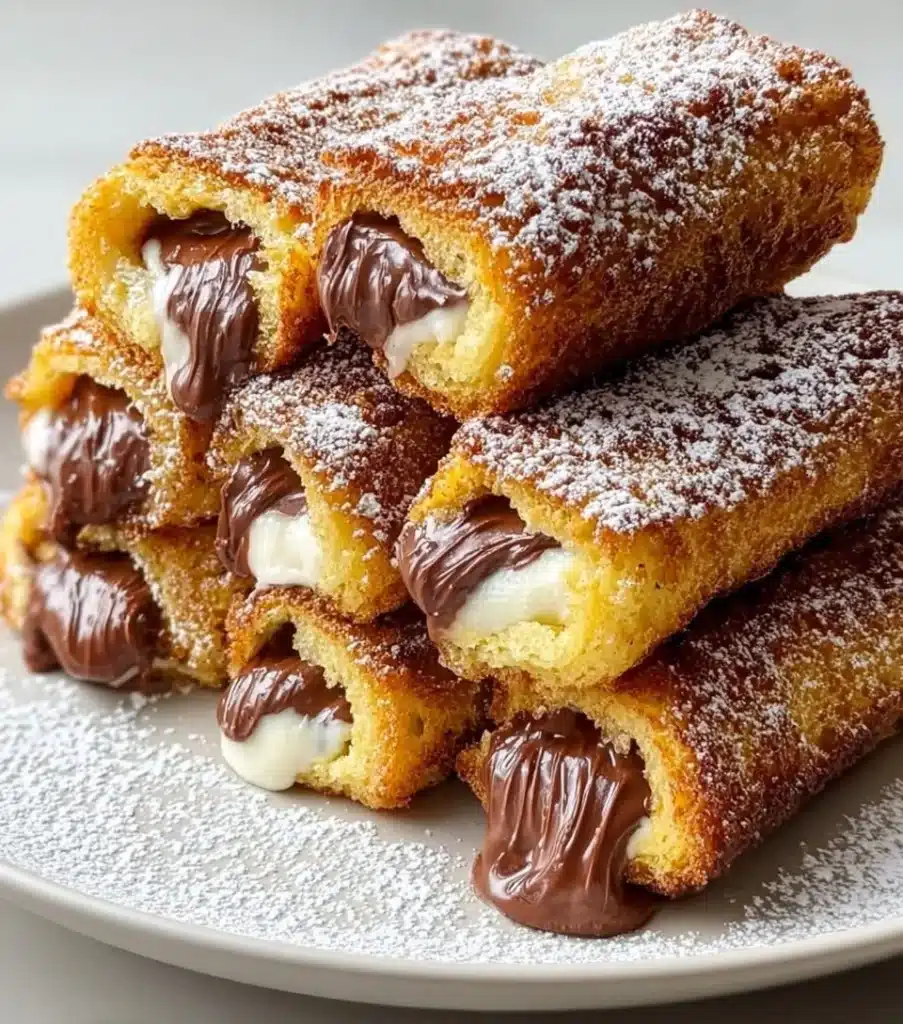 Nutella stuffed French toast roll-ups on a plate, drizzled with syrup