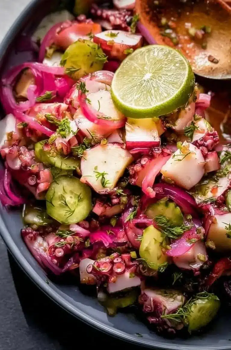 Delicious octopus ceviche served in a bowl with fresh vegetables and lime.
