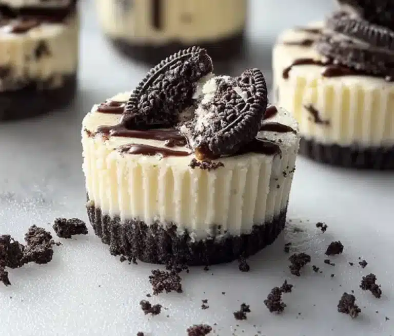 Delicious Oreo Mini Cheesecake Bites topped with Oreo cookie crumbs.