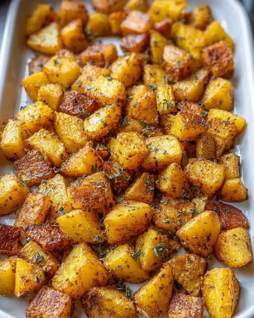 Crispy oven-roasted breakfast potatoes with herbs and spices on a plate