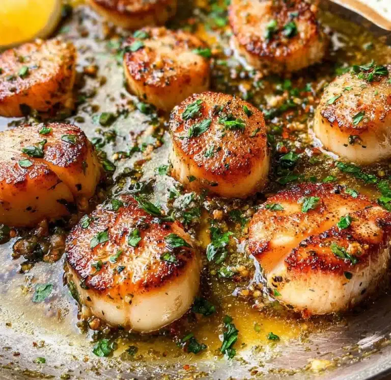 Delicious pan seared scallops served on a plate with garnish