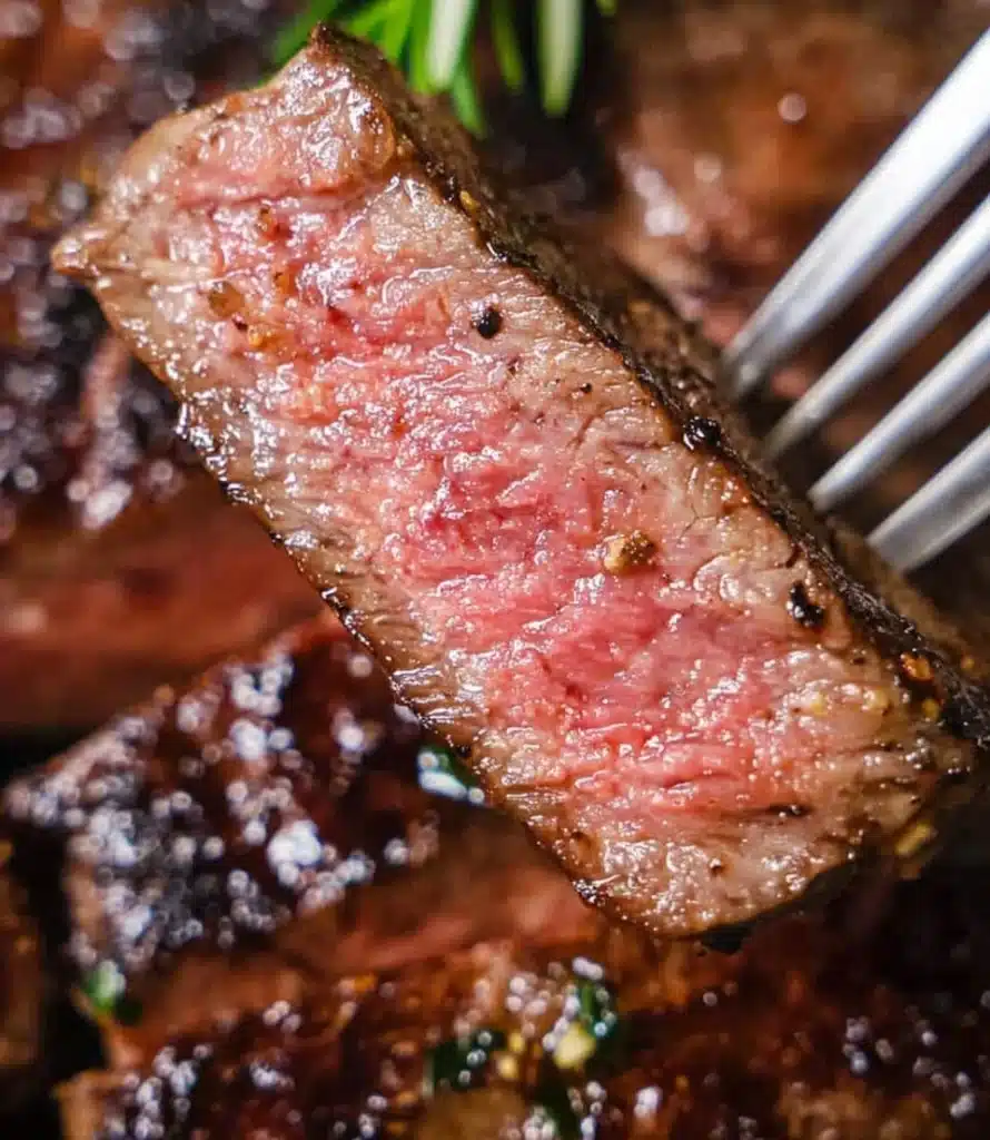 Juicy pan-seared steak sliced on a plate with herbs and spices garnish