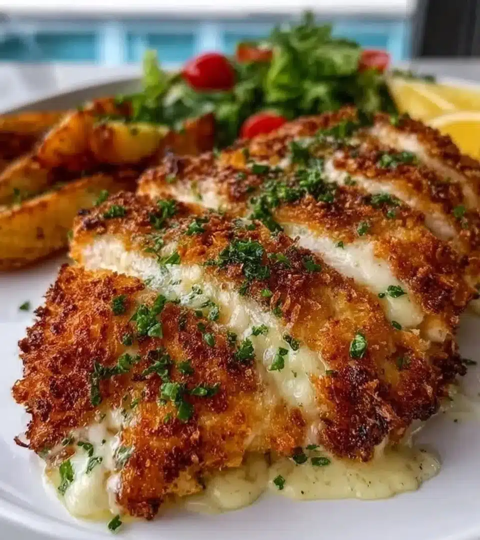 Plate of crispy Parmesan Crusted Chicken garnished with herbs