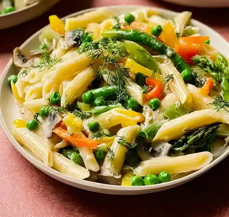 Plate of colorful Pasta Primavera with fresh vegetables and herbs